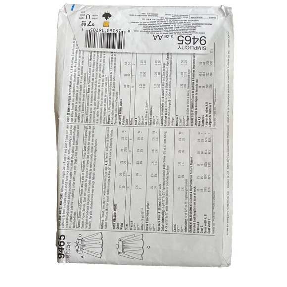 UNCUT Simplicity 9465 Size AA (1/2, 1, 2) Dress sewing pattern. Rare Editions - Picture 3 of 3